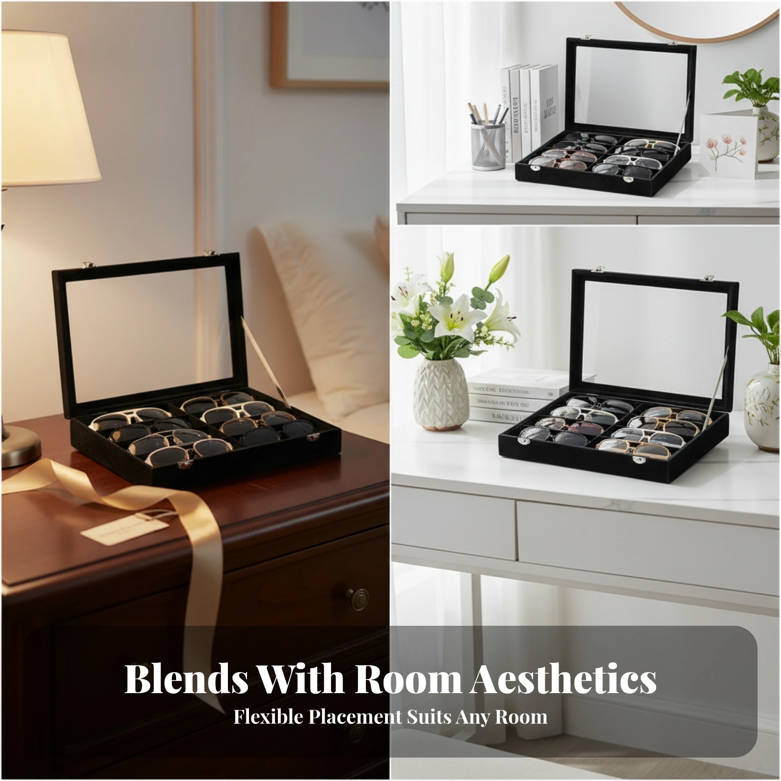 8 Slot Eyeglasses Box Divided Compartments Glass Lid Glasses Box Velvet Lined Eyeglasses Case Metal Latch Eyewear Display Case