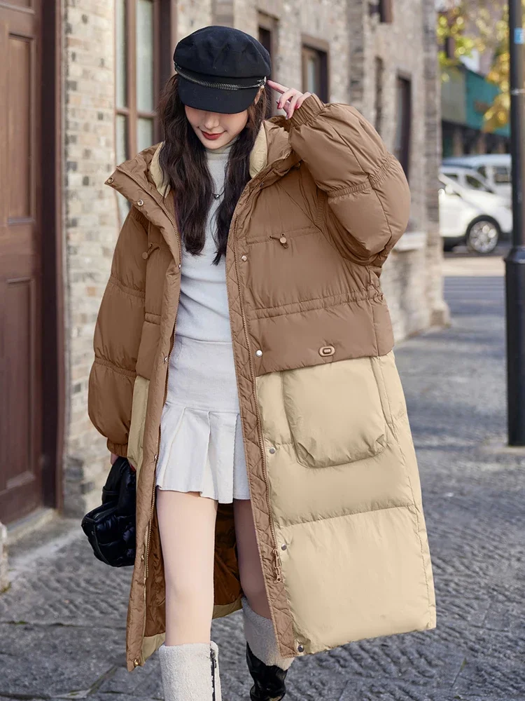 Warm Women\'s Winter Coat Quilted Jacket Long Down Coats White Duck Down Hooded Thickened Color Collision Splicing Puffer Jacket