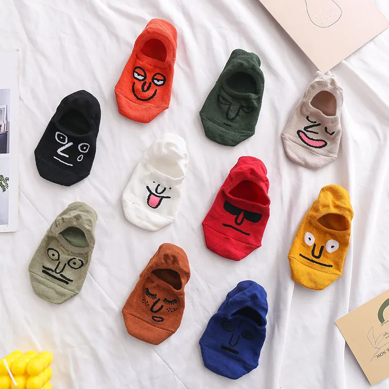 5 Pairs New Summer Women Socks Cartoon Expression Cotton Invisible Socks 10 Colors Non-slip Funny Socks Girls Casual Boat Socks