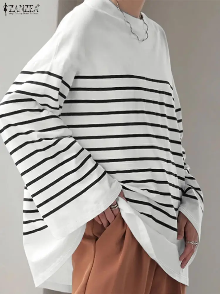 Mode femmes sweats ZANZEA automne surdimensionné sweat décontracté col rond à manches longues rayure pull femme ample tricoté hauts