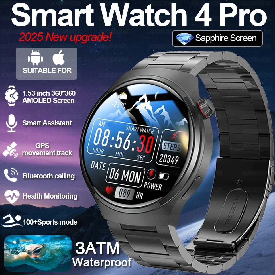 

2025 Новые часы 4 Pro, обновленные спортивные умные часы для мужчин, 1,53 дюйма, полный сенсорный экран, Bluetooth-вызов, водонепроницаемые умные часы с пульсометром