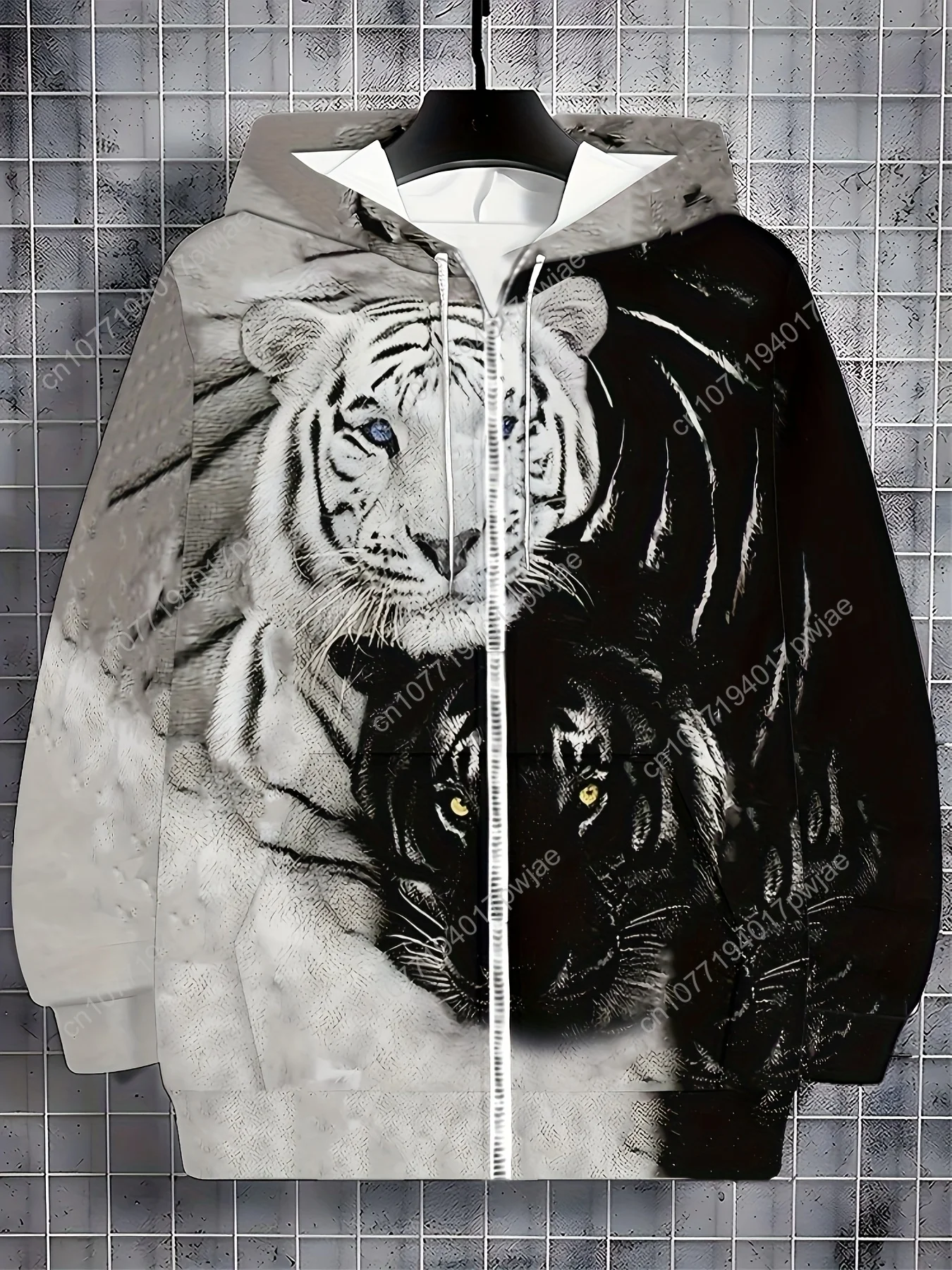 Moletom masculino de manga comprida com zíper e design de tigre, jaqueta casual ao ar livre para outono e inverno, com cordões e bolso