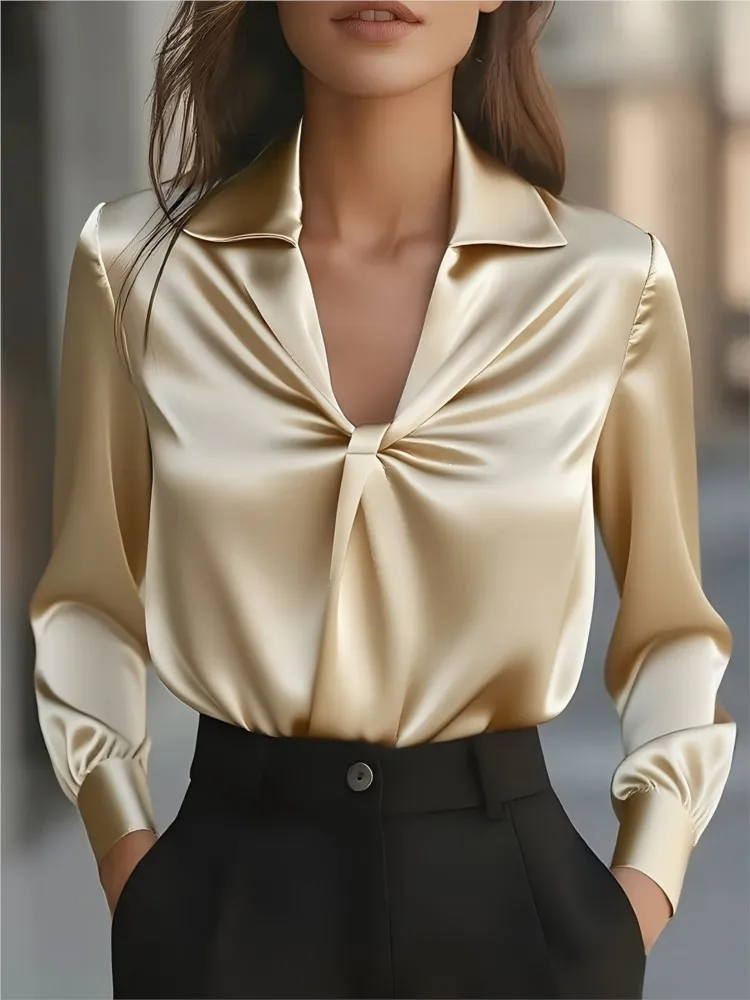 

Women's New Blouses Tops Spring Autumn Fashion Solid Color Satin Pleated Long Sleeve V-neck Casual Shirt Top For Woman Clothing