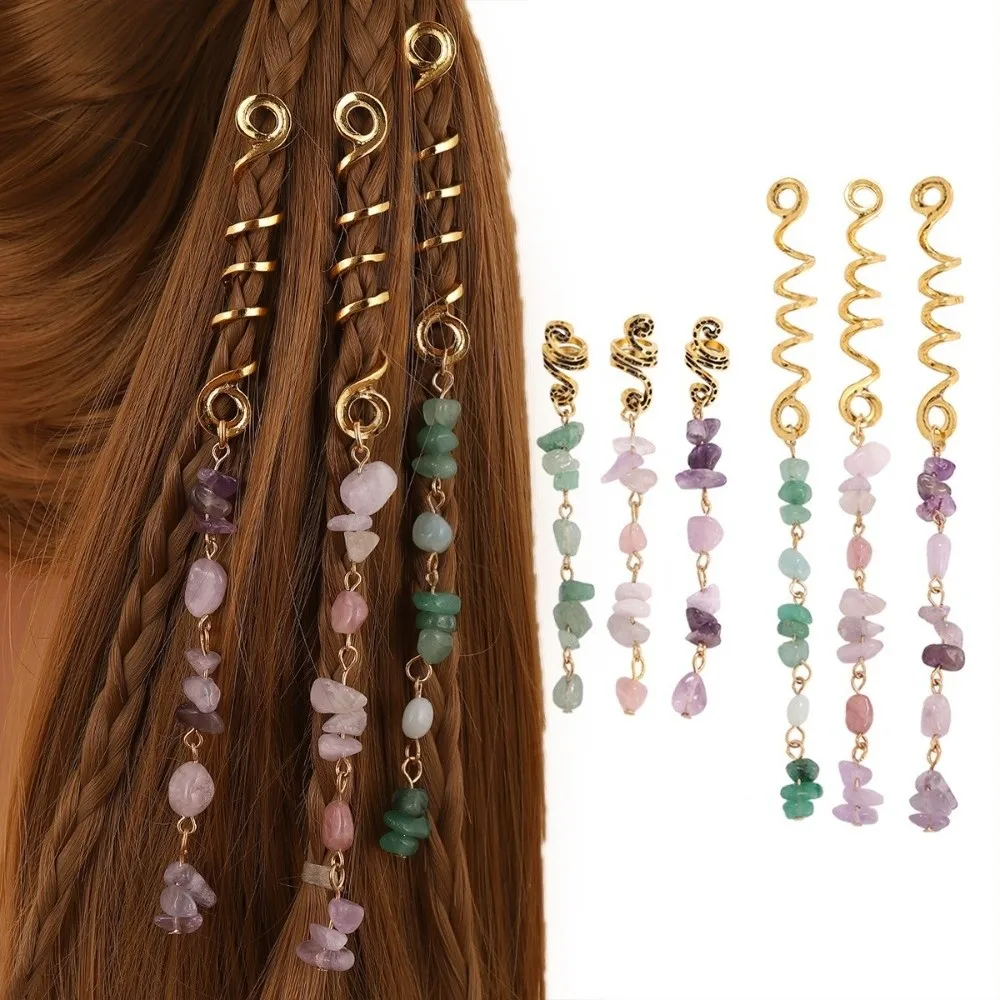2Pcs/Set Long Tassel Dreadlock Hair Jewelry Irregular Stone Alloy Pendant Hair Loop Vintage Ethnic Style Braiding Hair Tie