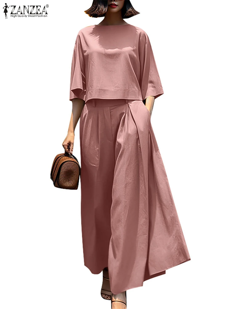 ZANZEA Tute da donna primaverili Set di pantaloni larghi casual solidi ed eleganti Pantaloni a gamba larga Abbigliamento quotidiano Manica a 3/4 Crop Top 2 pezzi Abiti