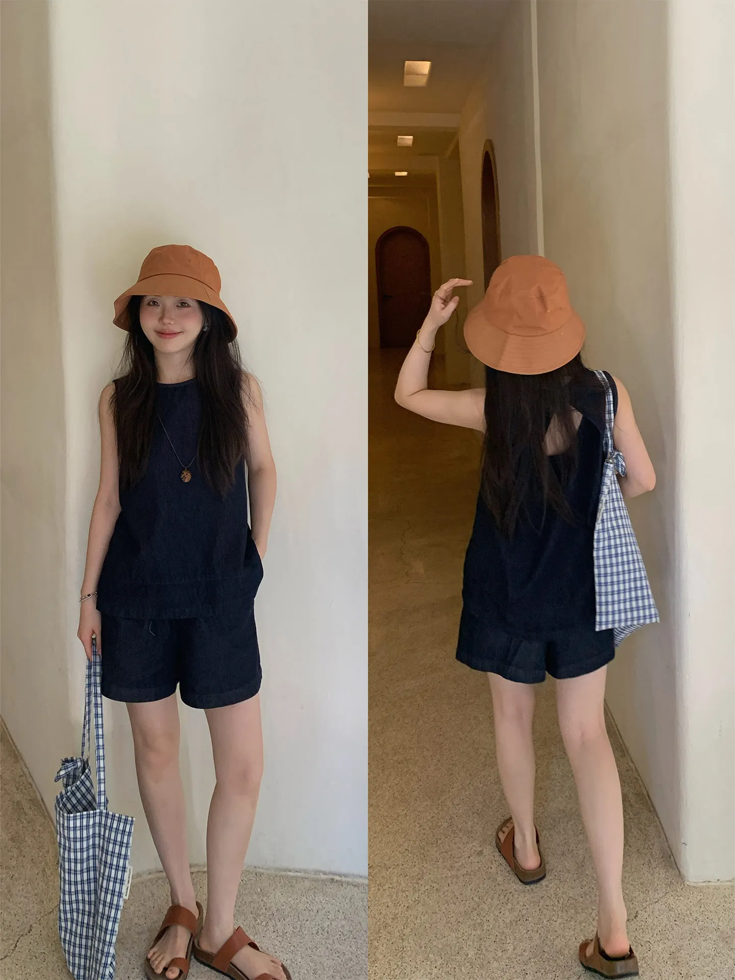 

Ретро-комплект из джинсовой жилетки с вырезами и шорт глубокого синего цвета для женщин: модный летний костюм-двойка с круглым вырезом и короткими брюками