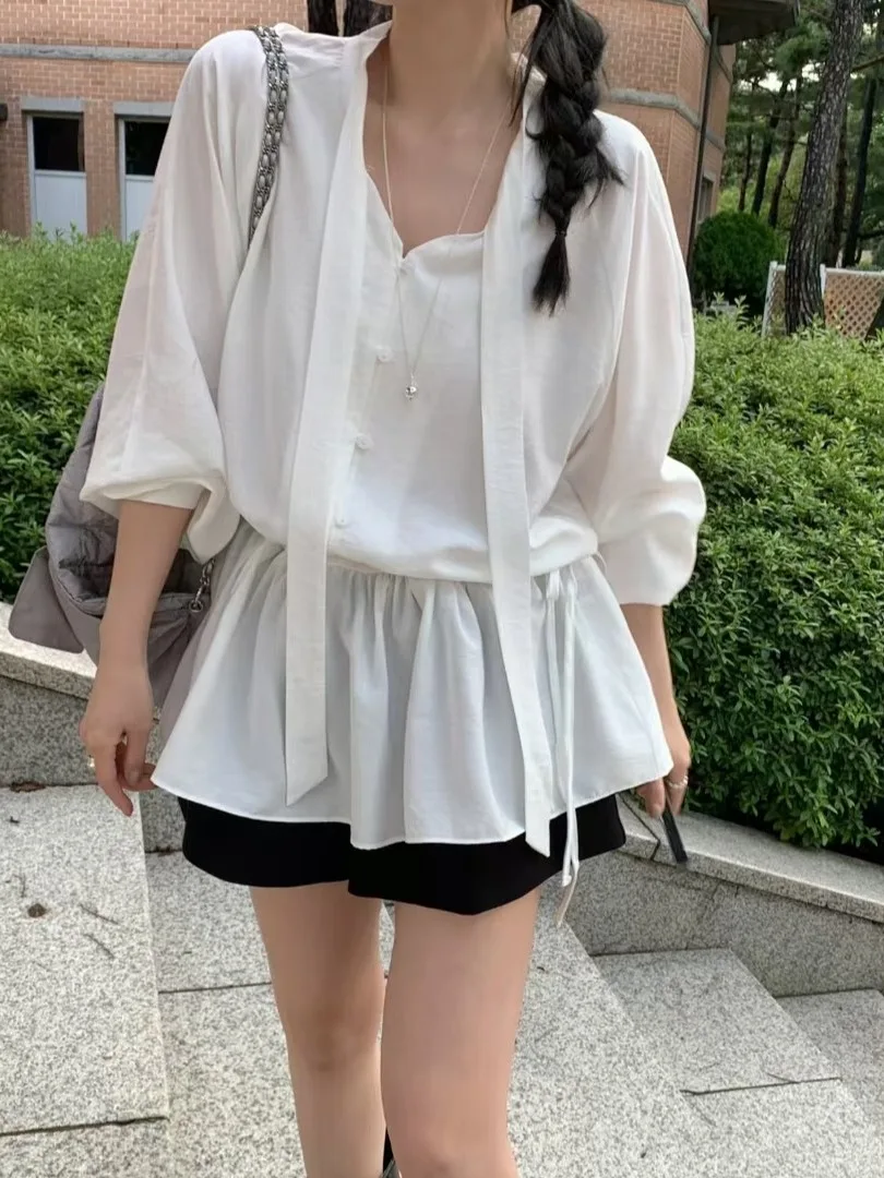 تصميم كوري Sle مربوط بشكل حلو على الخصر ثنيات Dr للسيدات تصميم خريفي أبيض irt طويل Sve للفتيات متعدد الاستخدامات Dr