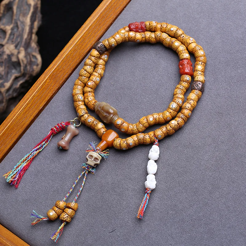 108-Moon Bodhi Beads, Old Material, Yak Bone, Three-Way Red Agate Accessories