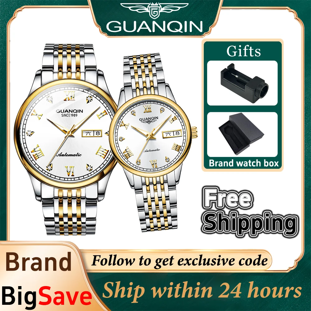 

GUANQIN Luxury Diamond Couple Watch Fully Automatic Mechanical Watch Luminous Waterproof Fashion Original Calendar Watch