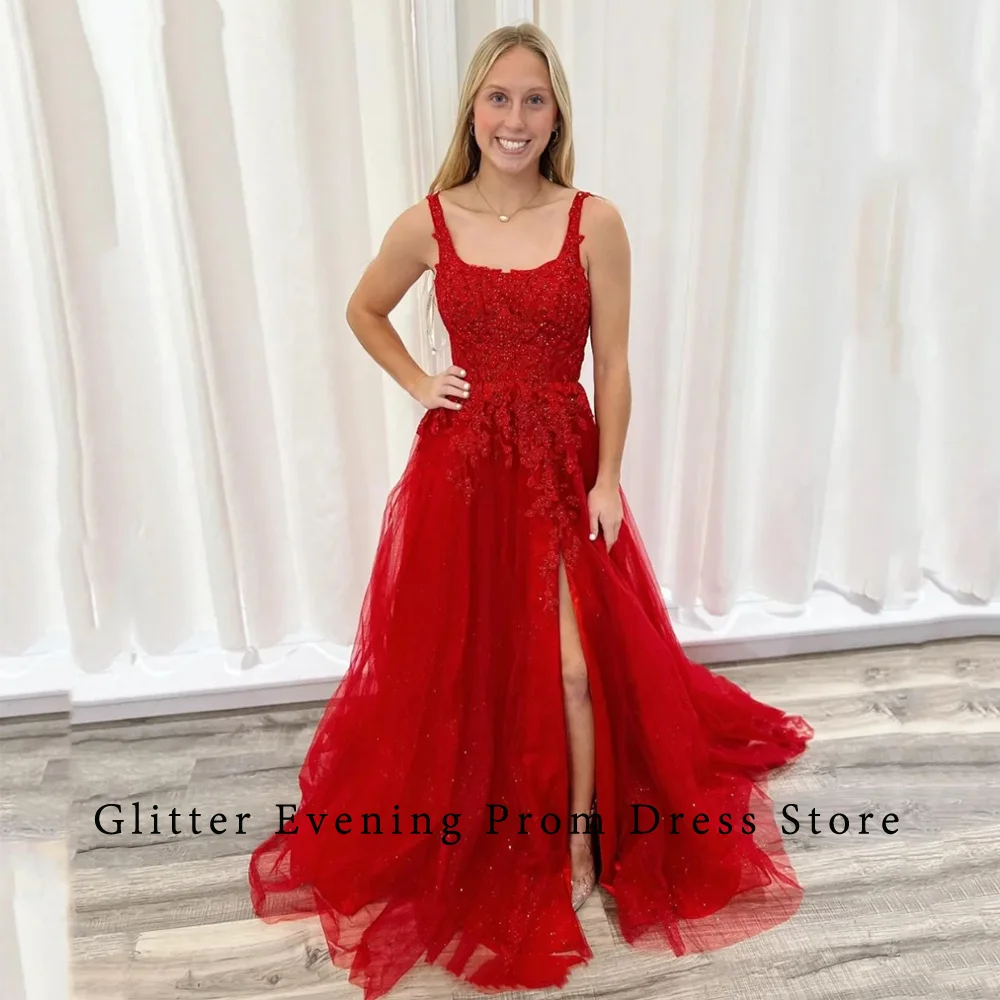 Red Elegant Sexy Prom Dresses For Women A-Line Slide Split Tulle Appliques Backless Custom Made Birthday Evening Party Grows