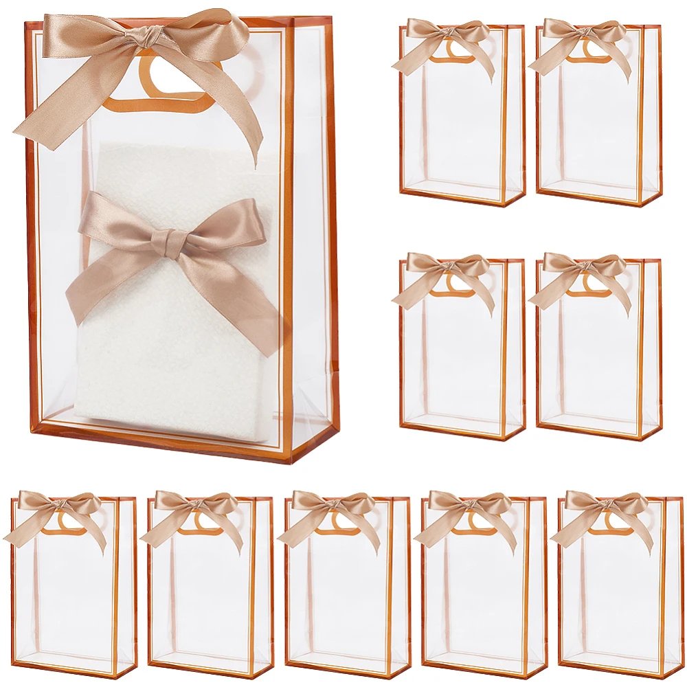 12Pcs Clear Plastic Gift Bags with Handles Gift Wrap Tote Brown Ribbon Bowtie Large Transparent Reusable Tote Waterproof