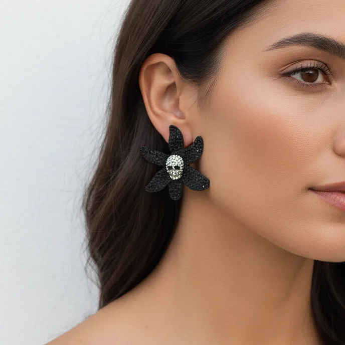 Conjunto de Collar, Aretes y Broche con Diseño de Calavera, Flor de Murciélago y Borlas con Incrustaciones de Diamantes para Mujer