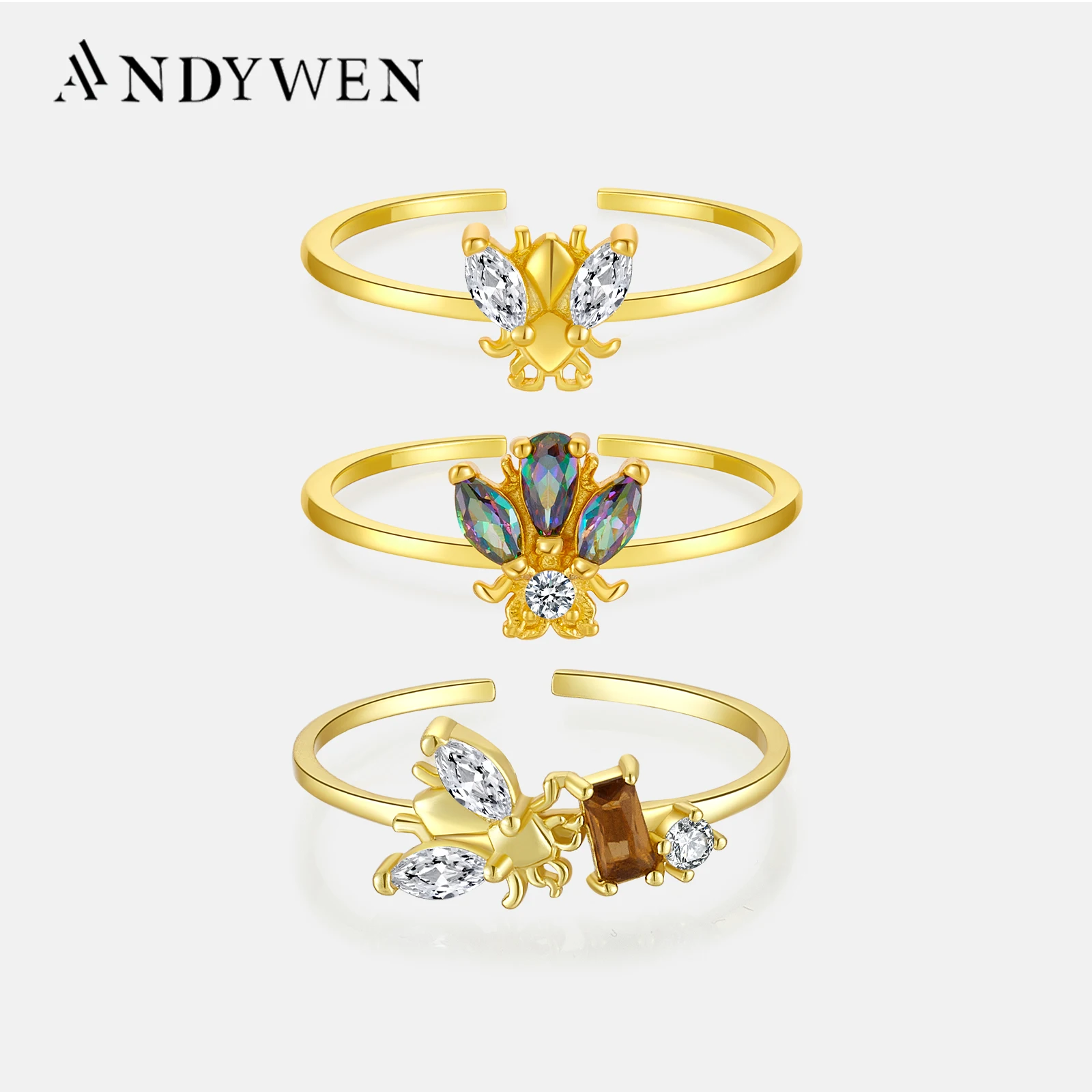 ANDYWEN 925 Sterling Silver Bees Adjustable Ring Women Slim Finger Rings Jewelry Animal Light Jewelry For Wedding Party Jewelry