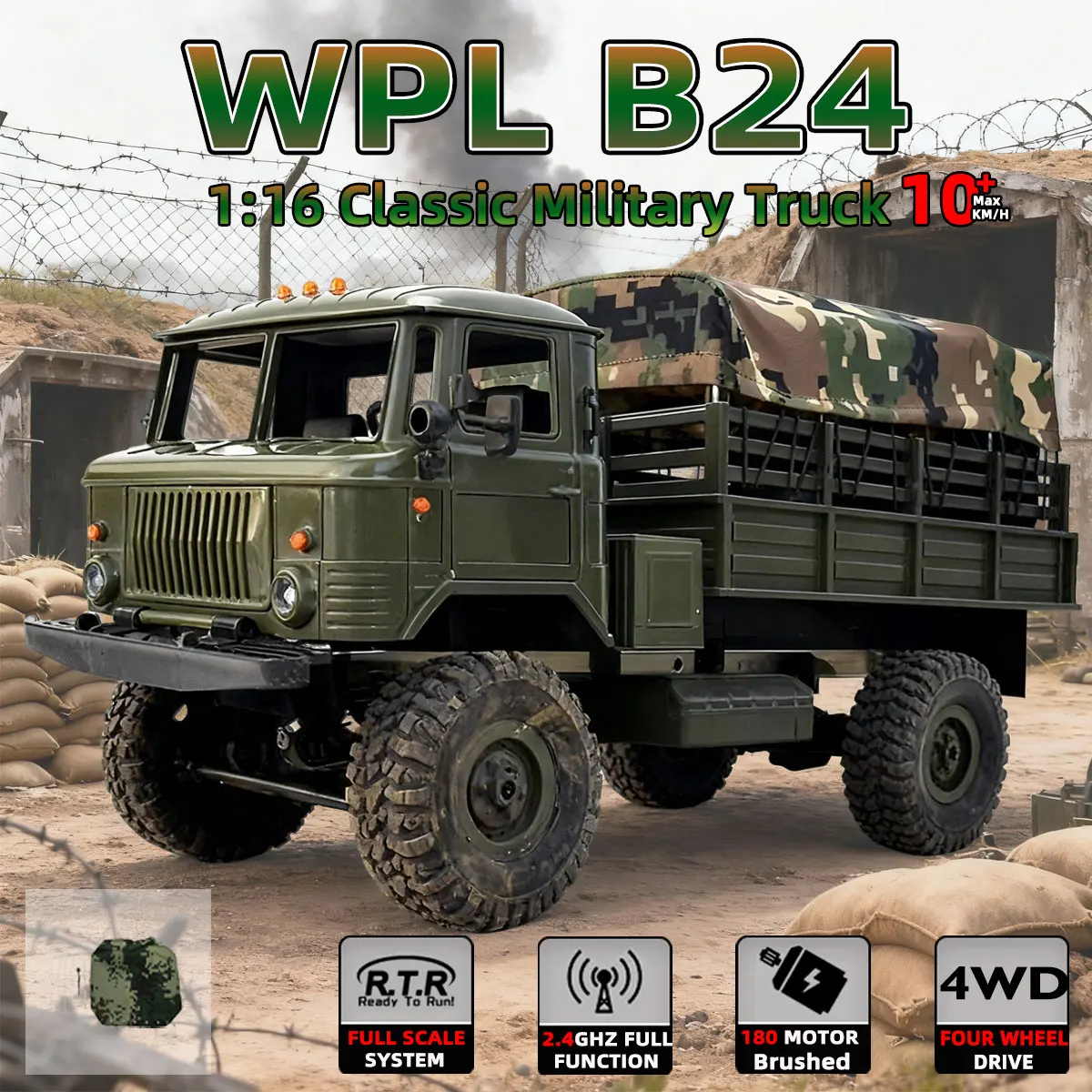 

WPL B24 2,4G Военный грузовик с дистанционным управлением Внедорожный 4WD RC автомобиль с 4-колесным приводом Альпинистский автомобиль ГАЗ-66 для рождественского подарка Игрушка