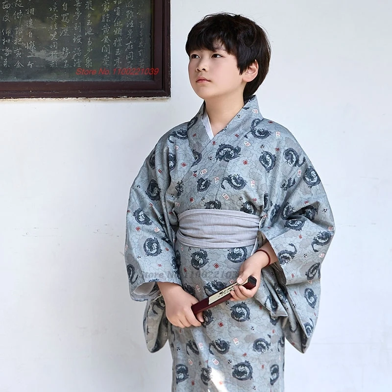 

2023 традиционное японское детское кимоно, халат + пояс, национальный принт дракона, сценическое представление, одежда для фотосессии, карнавальный костюм