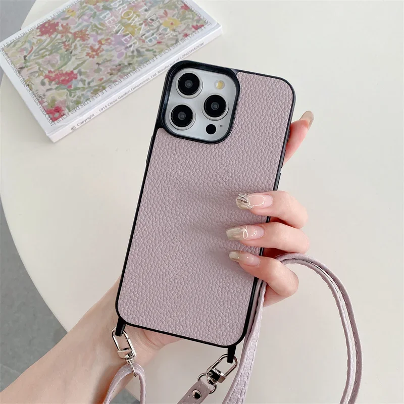 Etui na telefon ze smyczą do iPhone\'a 13 12 Mini 16 15 Plus 14 11 Pro Max PU Leather + Plastic Hard Shell Protective Cover