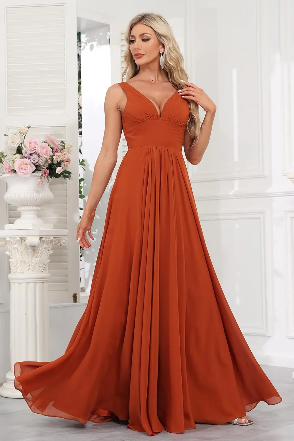 

Deep V-Neck Bridemaids Dresses Sleeveless Wedding Guest Dress with Slit Floor Length Formal Evening Dress high quality coral