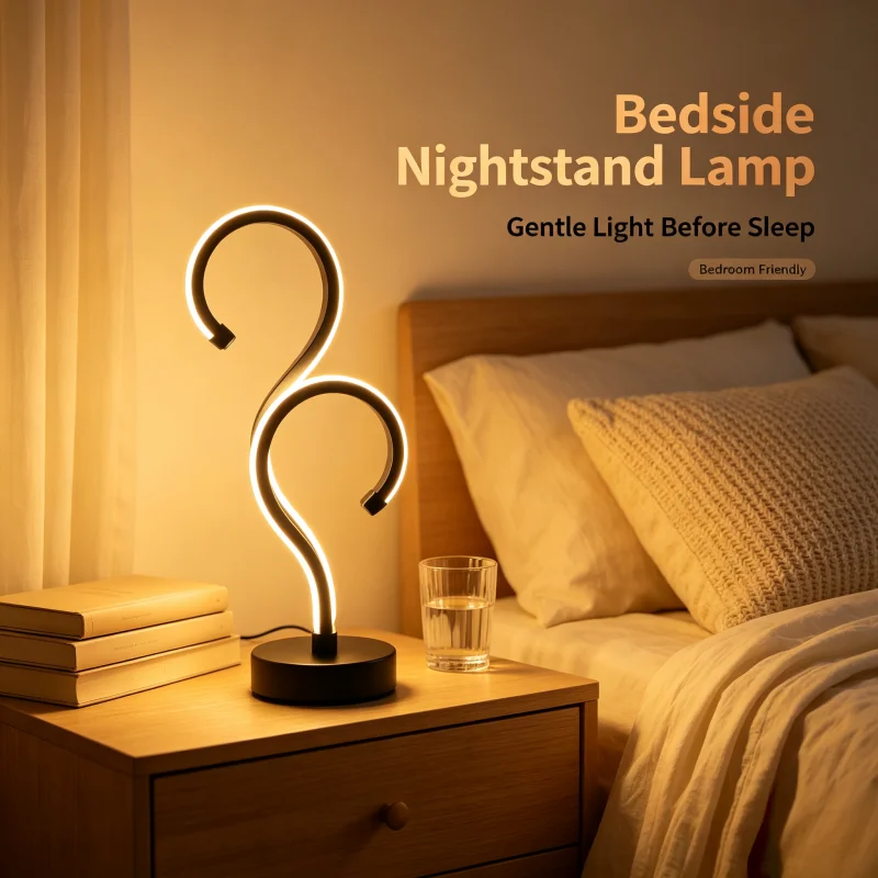 3 Light Modes Curved LED Table Lamp, Minimalist Spiral Decor Desk Lamp, Ambient Night Light for Bedroom Living Room Guest Room