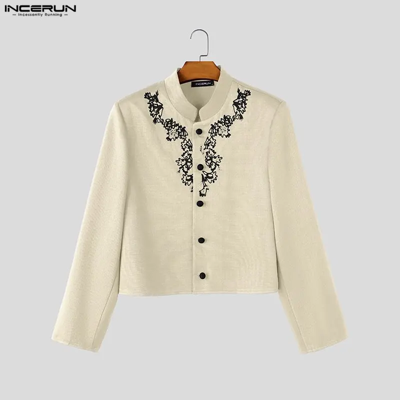 INCERUN Men's Blazer Embroidery Stand Collar Long Sleeve Casual Crop Blazer For Man Streetwear Elegant Autumn Vintage Male Suit