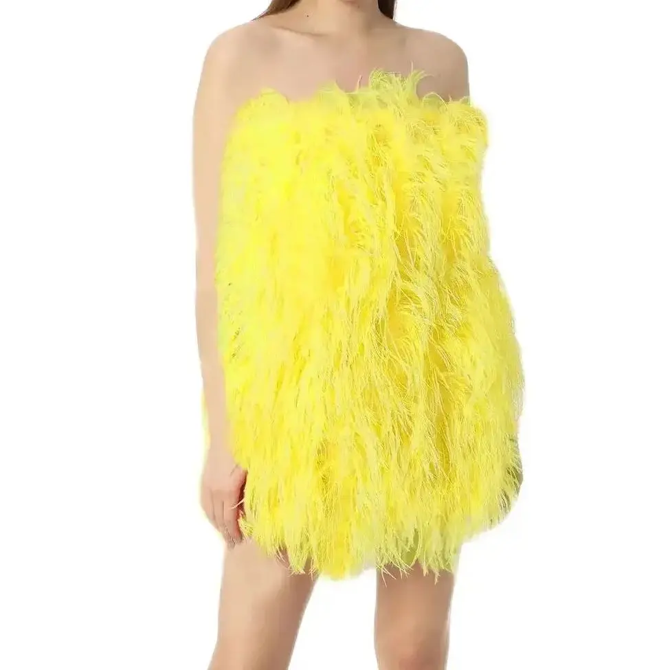 Natural Strapless Ostrich Feather Dress for Women, Long Sleeveless Dress, Chest Wrap for Party and Wedding, Furry, Luxury, 2024