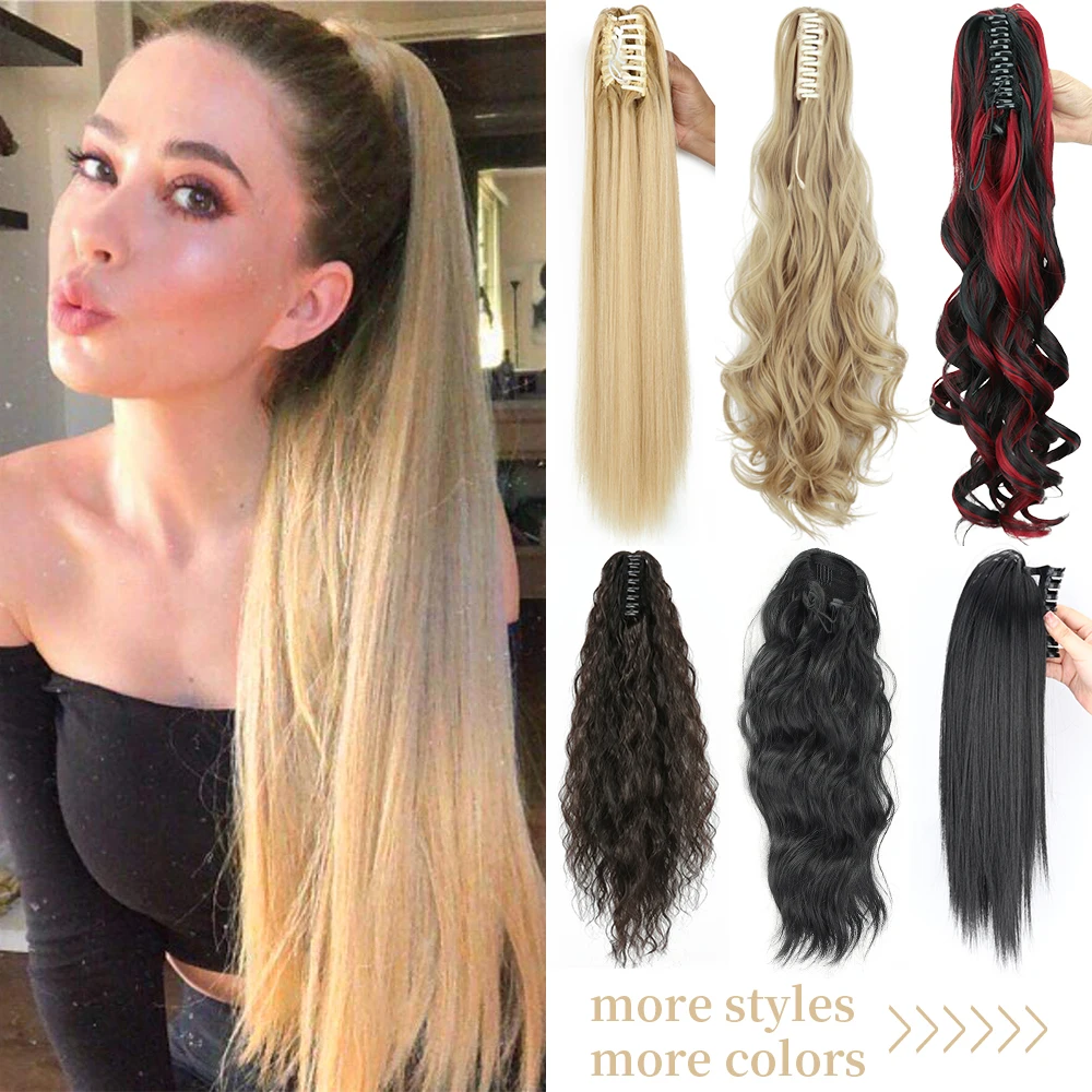 Extensions capillaires synthétiques longues et lisses à Clip, 24 pouces, queue de cheval résistante à la chaleur, pour femmes, fête quotidienne