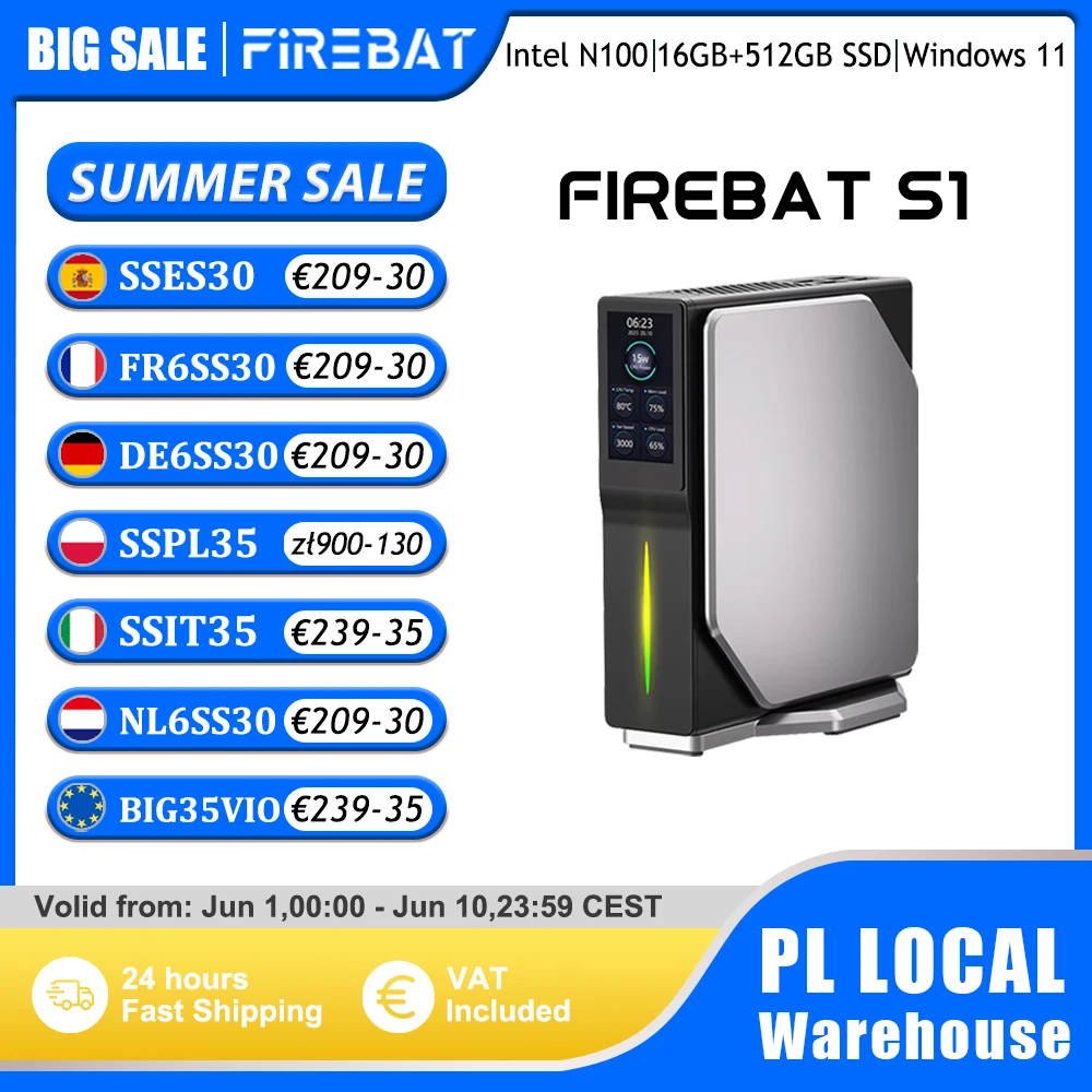 FIREBAT S1 Mini PC Intel Alder Lake N100 DDR4 16GB RAM 512GB SSD Windows 11 Ordinateurs de bureau BT4.2 Double HDMI Écran intelligent