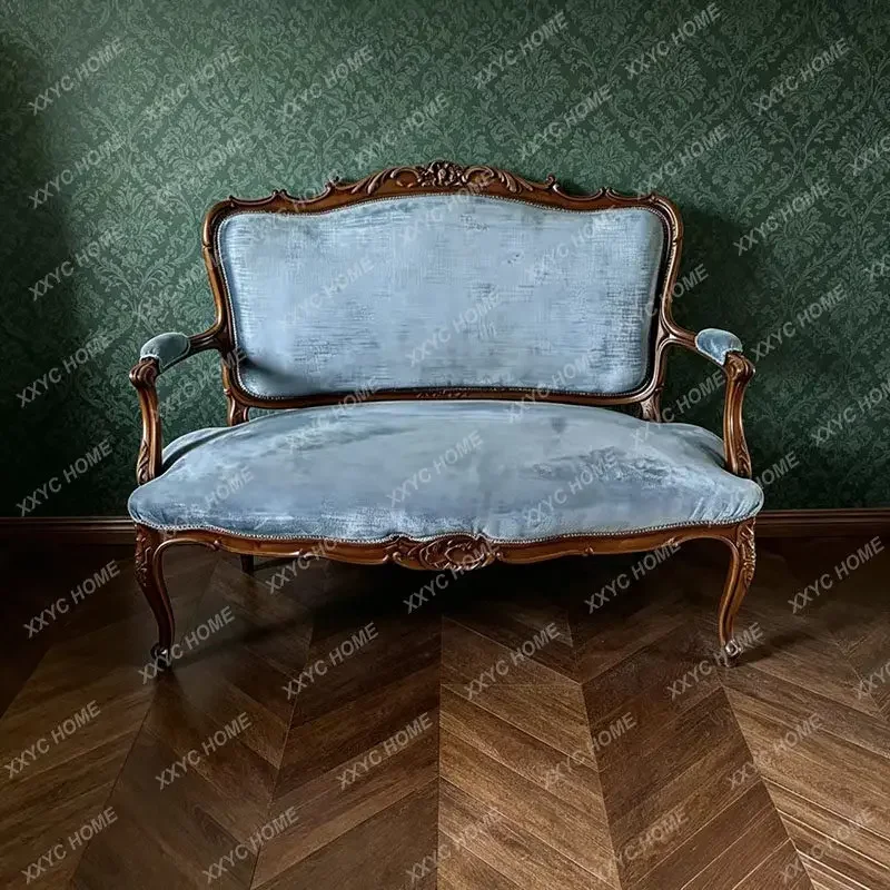 retro solid wood carving flower sofa chair living room balcony, fabric leisure