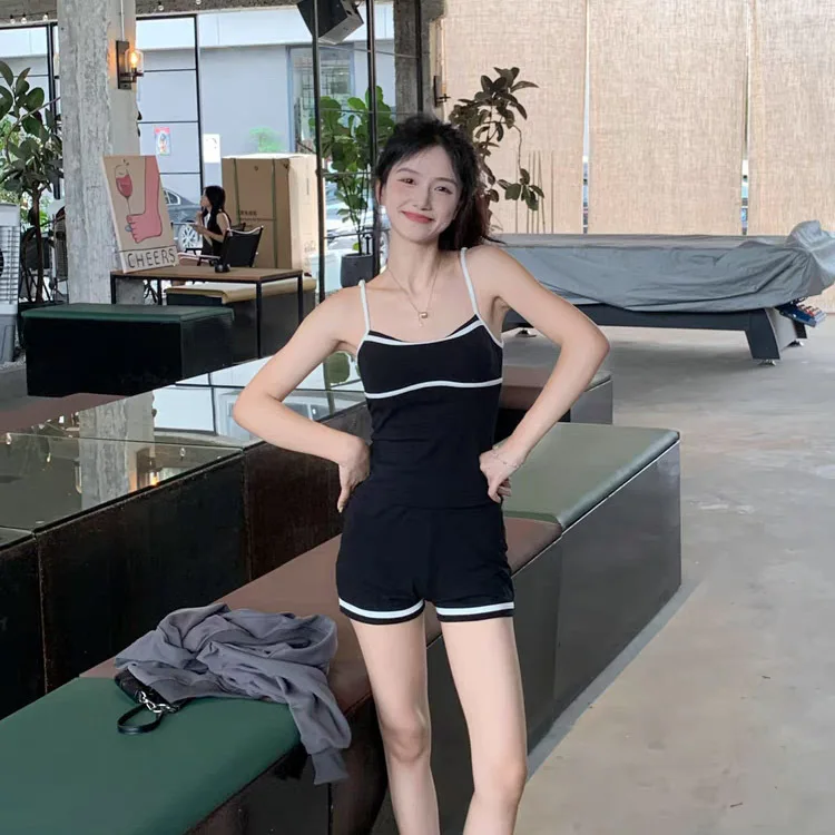 

2026 New Summer Women's Black Spaghetti Strap One-Piece Modest Tailored Slimming Cute Girly Spa Swimsuit