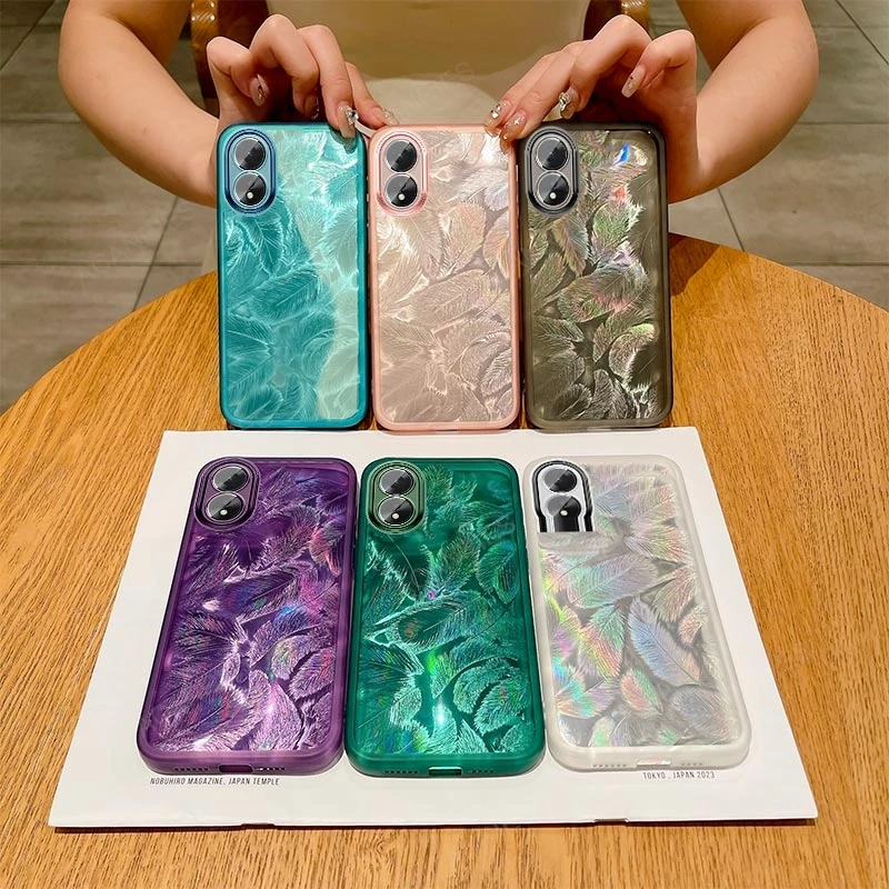 For Oppo A58 4G 5G A18 A38 A78 A98 A60 A17 A16 A15s A12 A52 A72 A92 A76 A36 A5 A9 Glitter Feather Pattern Soft Case A 58 9 Cover