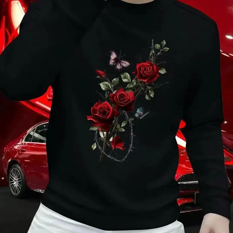 

Men's round Ne Fce Lined Thiened Base irt Autumn Winter New Sle Individuali Sweatirt Casual Loose Fit Long Sve