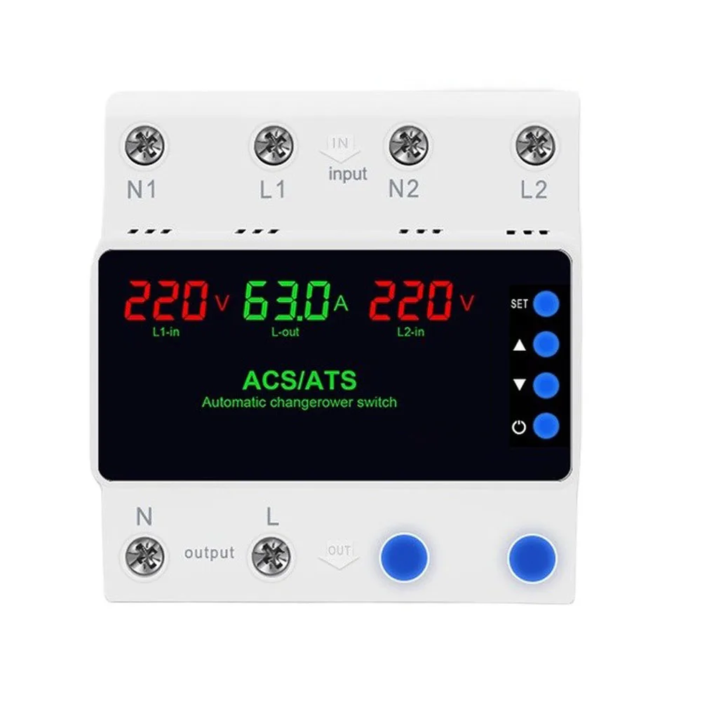 Dual Power Supply Overvoltage Undervoltage Protector for 220V Single Phase with Adjustable Thresholds and 63A 100A Ratings