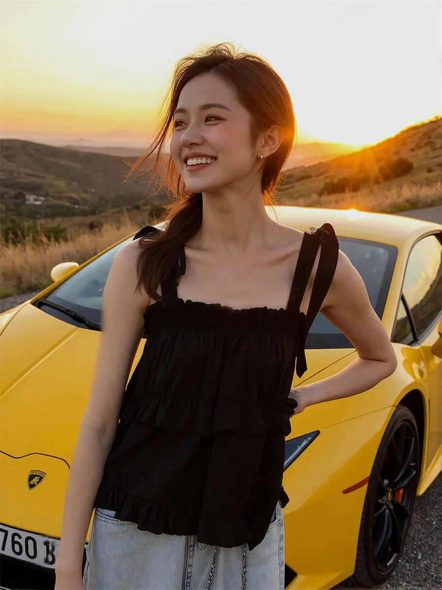 الدبابات كاميس المرأة مطوي ثنى مزدوج كشكش تنحنح Bowknot التعادل أسود أبيض المرقعة شيك سليم صالح كلوبوير المحاصيل