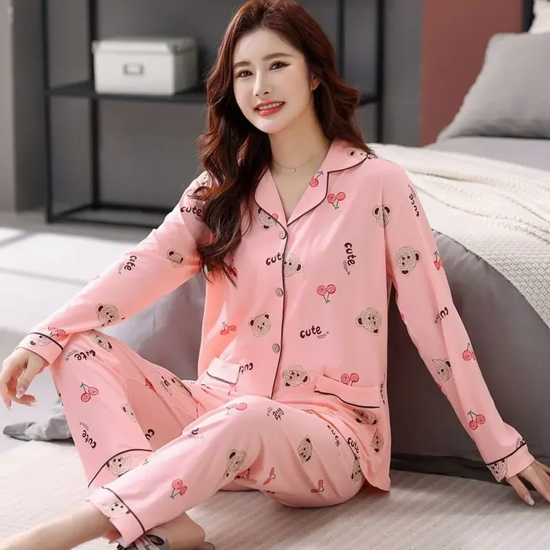 S-8XL Women's High-End Pajamas Long Sleeve Large Size Cartoon Sweet Sleepwear Set Spring Autumn New Female Leisure Homewear Suit