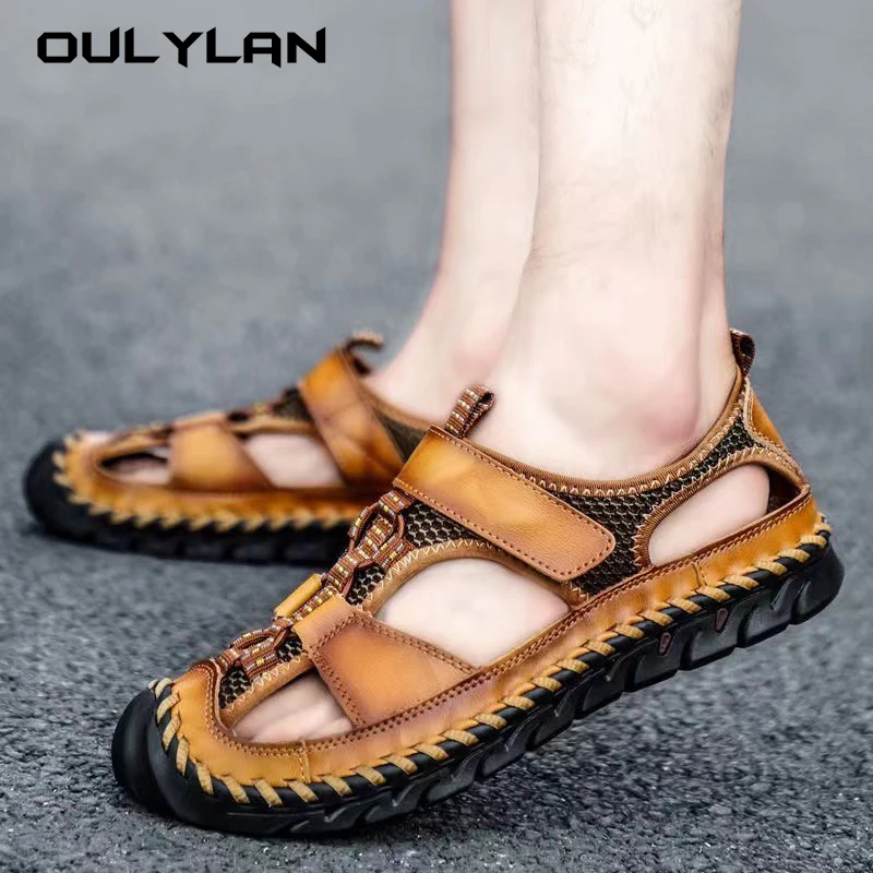 Oulylan  Size 38-48 Men's Sandals Multifunctional Slides Split Leather Summer Footwear for Man Slippers Fashion Beach Sandals