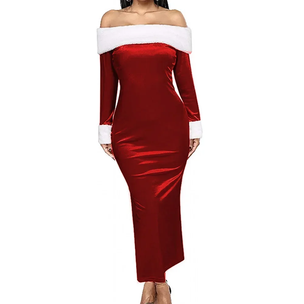 Sexy Costumes Women Strapless Bodycon Dress Velvet Long Sleeve Hip Wrap Maxi Dresses Cosplay Role Play Carnival Santa Outfits