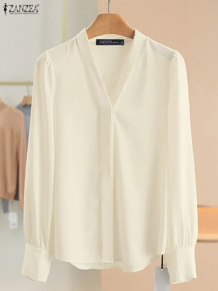 

2026 ZANZEA Office Blouses Stylish Women Autumn V Neck Long Sleeve Tops Spring Casual Solid Shirt Female Elegant OL Work Shirts