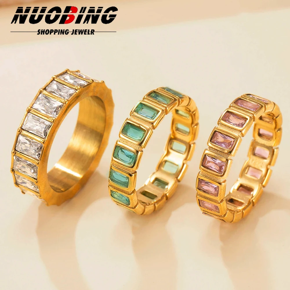 Luxury Micro Paved Square Cubic Zirconia Promise Love Rings Stainless Steel Women Engagement Wedding Party Jewelry Daily Wear
