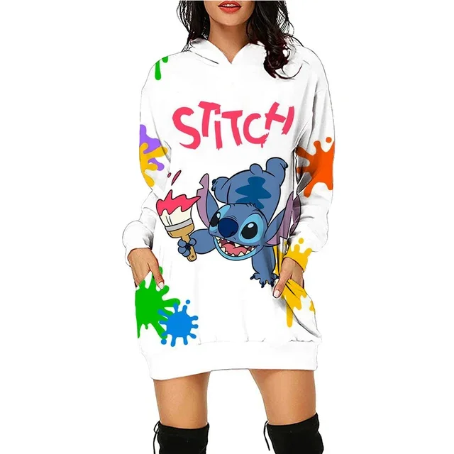 Women Disney Stitch print Hoodie Dress Long Sleeve Hoodie Casual Hooded Jumper Pockets Sweater Tops