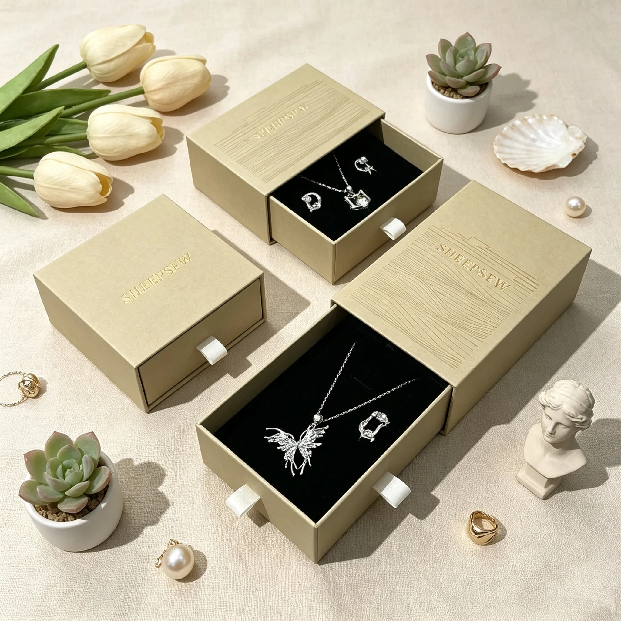 50pcs Sheepsew Smooth Drawer Opening Necklace Box | Customised Paper Cardboard Jewellery Packaging with LOGO
