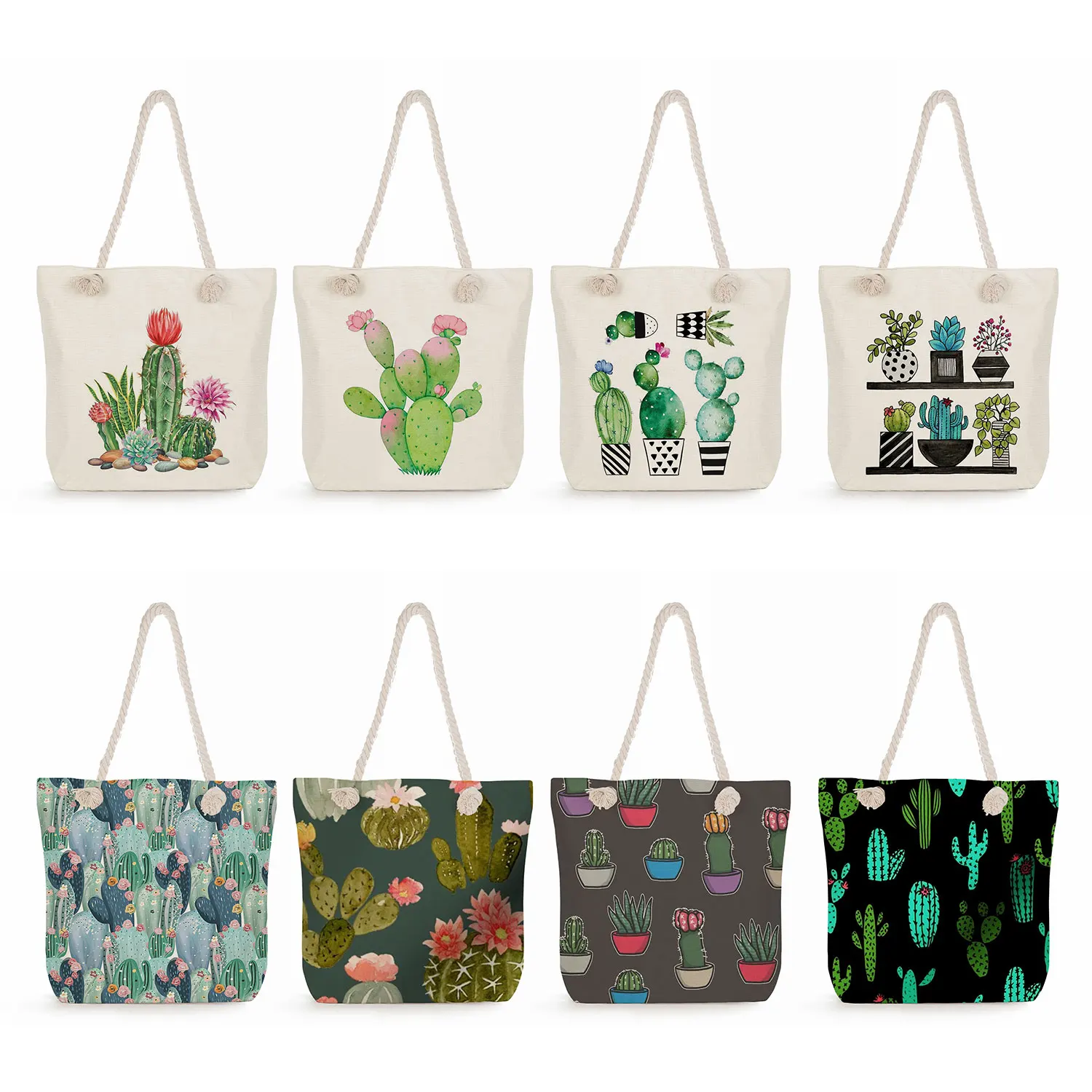 High Capacity Shopping Bag Floral Print Handbags Plant Cactus Tote Bags For Women Foldable Travel Beach Thick Rope Shoulder Bag