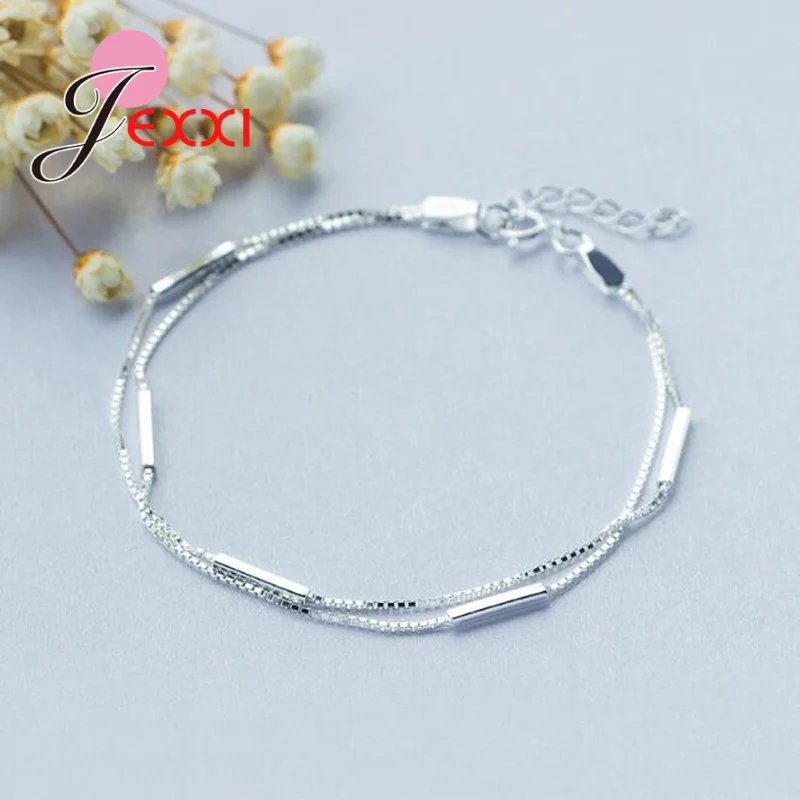 Double Layer Rectangle Bracelets 925 Sterling Silver Cube Chain Bracelet Metal Jewelry Extension Geometric Element Popular