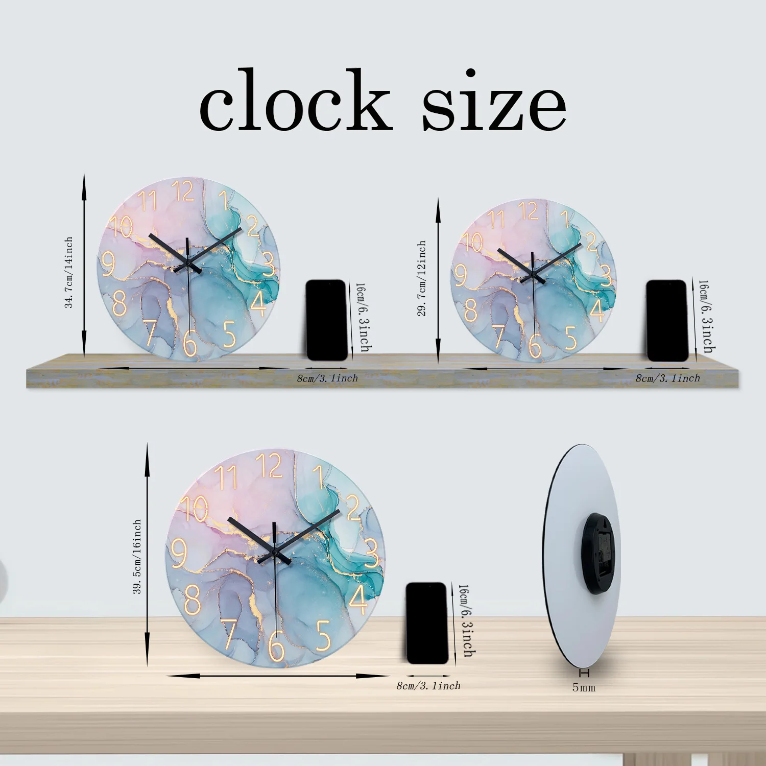 Modern Fashion Marble Texture Pattern 4mm Thickeneded Tempered Glass Wall Clock Living Room Bedroom Kitchen Home Decoration Wall Clock Silent Quartz