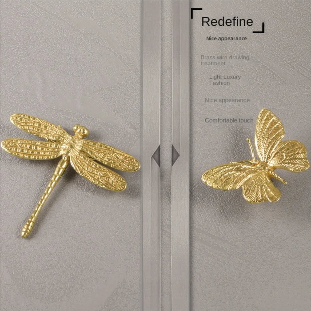 Retro Butterfly/Dragonfly Brass Handle Vintage Single Hole Cabinet Door Knobs Gold Push-pull Wardrobe Drawer Pulls Dresser