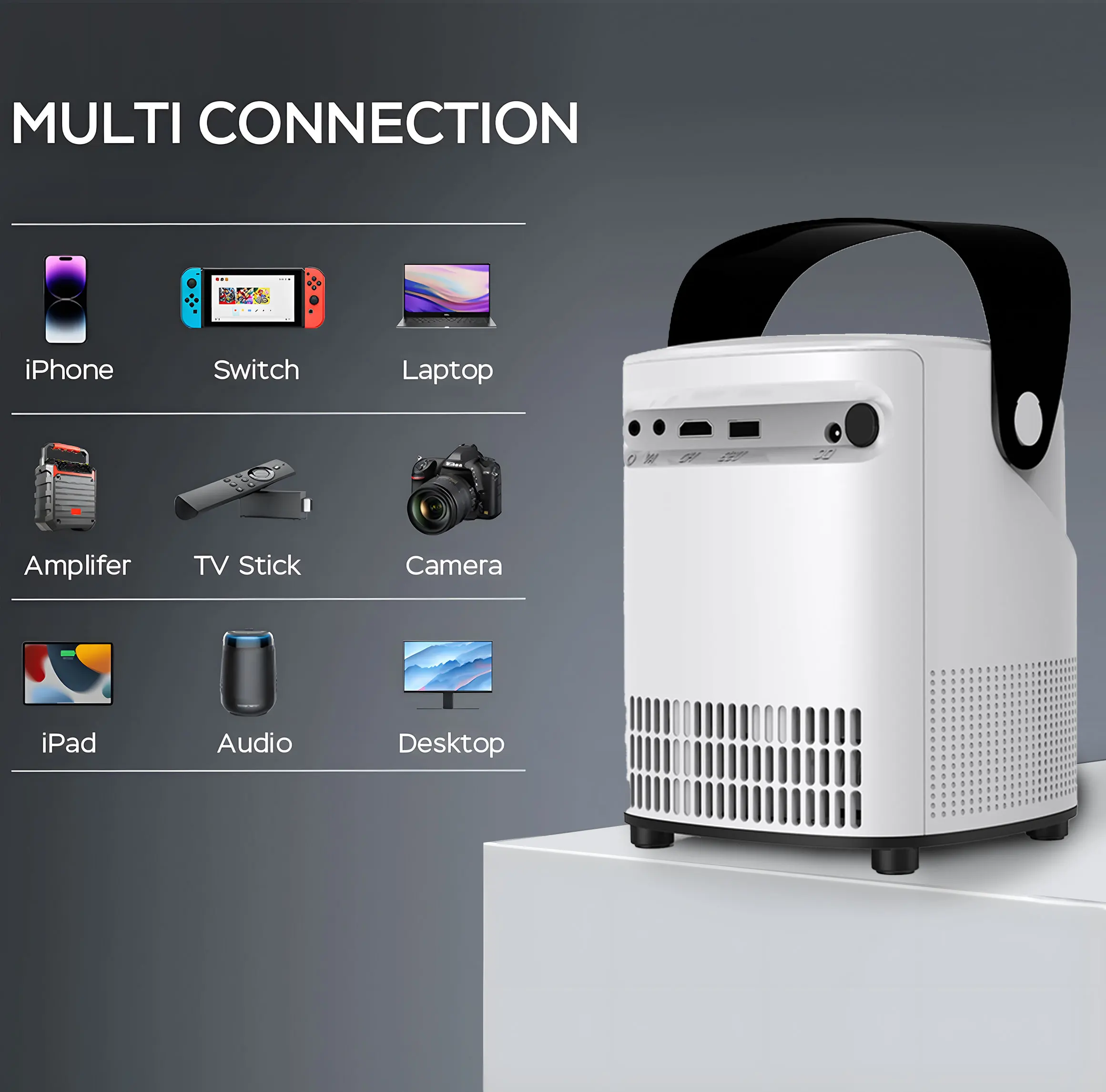 Portable Android Projector 1080p Support 4K for Home Theater Support HDMI, USB, PC, TV Box WiFi and Bluetooth Model:T2