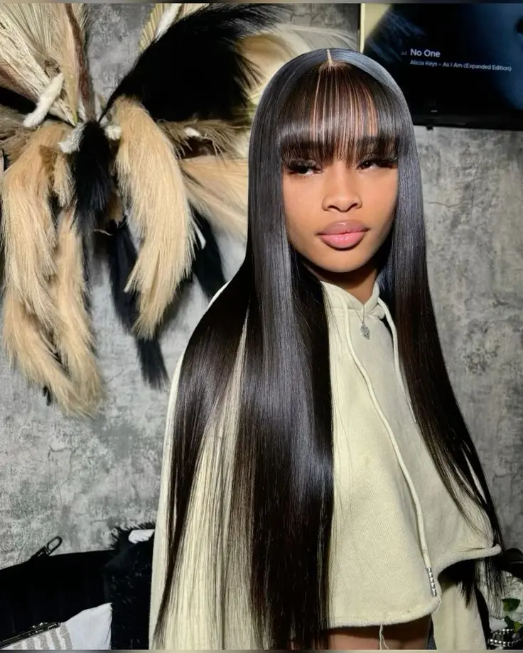 

Alimice Black Human Hair Wigs with Curtain Bangs For Black Women Brazilian Virgin Straight Human Hair