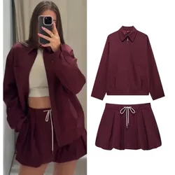 Fashion Tied Lantern Mini Skirt Sets Women 2 Pieces Zipper Pocket Decoration Jacket Suit 2024 Autumn New Wine Red Casual Outfits