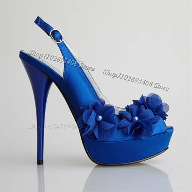 

Blue Platform Flower Silk Sandals Peep Toe Stiletto Ankle Buckle British Style Fashion Summer Party Shoes Zapatos Para Mujere