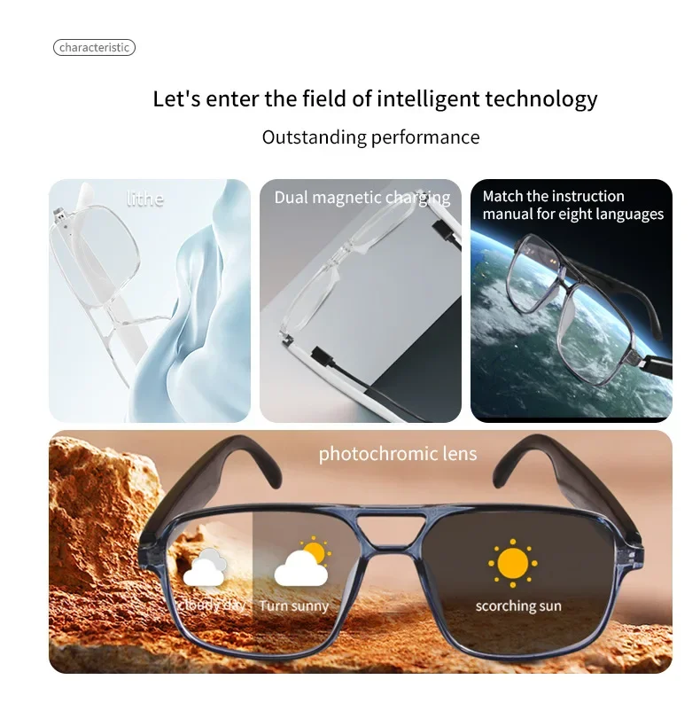 Intelligente Bluetooth-Audiobrille, Doppelstrahl, farbwechselnde Gläser, Anti-Blaulicht-Sonnenbrille für Anruf/Linsten zu Musik/im Freien