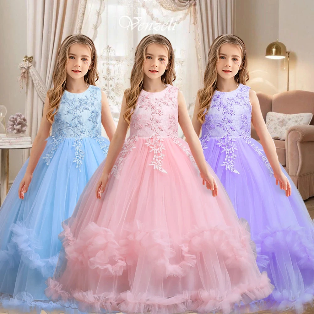 4-12 year old white girl long wedding dress evening dress sequin lace graduation ball performance dress 2023 girls\' clothing