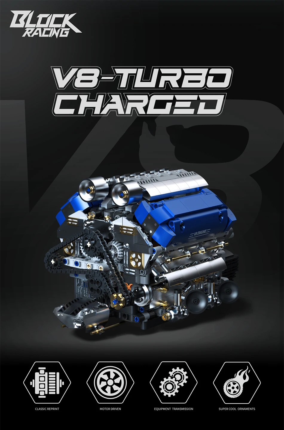 Technical V8 Electrice Driven Engine Building Blocks Simulation Supercar Engine MOC Bricks Science Education Toys Birthday Gift